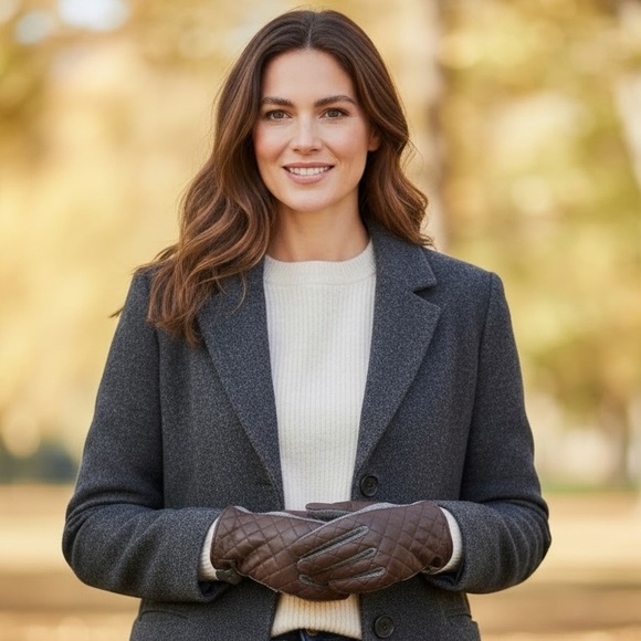 Lauren Ralph Lauren Quilted Leather Wool Touch Gloves Brown Gray XL New - Picture 2 of 6